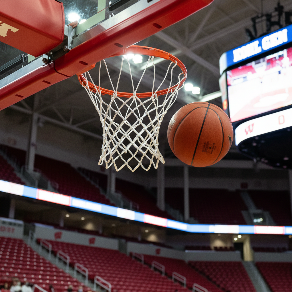 A close-up, photographic shot of an orange leather basketball in mid-air, frozen just as it swishes through a bright red Wisconsin-style rim and white nylon net. The textured pebbled surface of the ball is sharply detailed, with faint scuff marks hinting at heavy game use. Behind the hoop, the Kohl Center interior stretches upward in soft blur: red stadium seats, towering steel beams, and a massive scoreboard glowing faintly. Powerful overhead arena lights create a crisp rim light around the ball and hoop, casting subtle shadows on the backboard. Captured from a slightly low angle, the composition feels bold and triumphant, evoking the intensity of a clutch Badgers shot in a high-stakes Big Ten matchup.