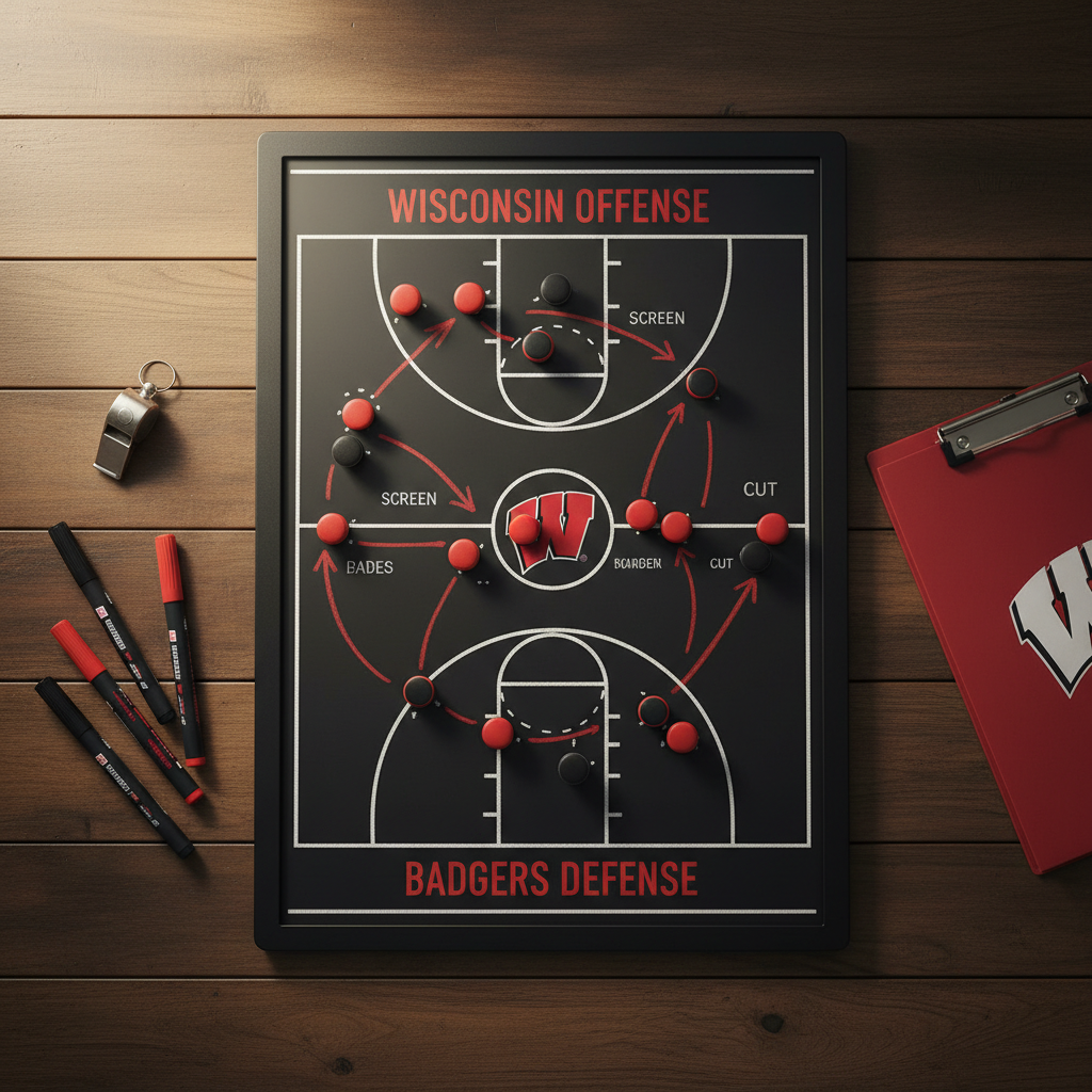 A detailed, overhead photographic view of a meticulously drawn Wisconsin Badgers half-court chalkboard diagram on a black magnetic coaching board, symbolizing strategic breakdowns on a basketball blog. Crisp white lines mark the three-point arc, key, and baseline, with red and black magnetic markers representing offensive and defensive sets in motion. A silver whistle, scarred dry-erase markers, and a folded red clipboard sit nearby on a textured wooden table. Soft, directional studio lighting from the upper left creates subtle shadows and gentle highlights on the board’s glossy surface, emphasizing the tactical shapes and arrows. The tight, top-down composition feels analytical and bold, capturing the intense strategic mindset behind Wisconsin’s deliberate, physical style of play.